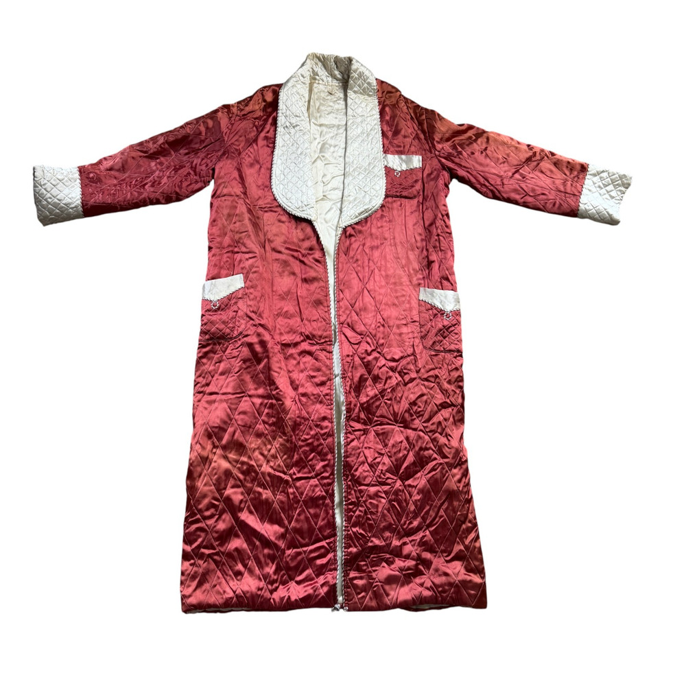 Vintage Red Satin Quilted 60s Goose Down House Robe Bath Gown Indie Coat OSFA